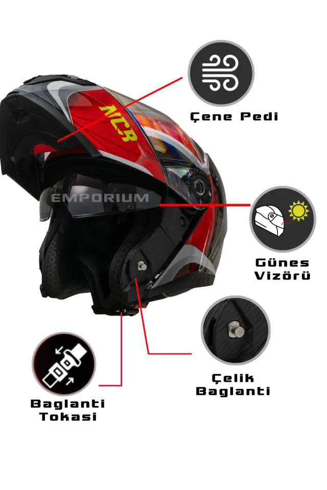 Vega Çene Açılır Güneş Vizörlü Kask  (ECE-06) Parlak Kırmızı