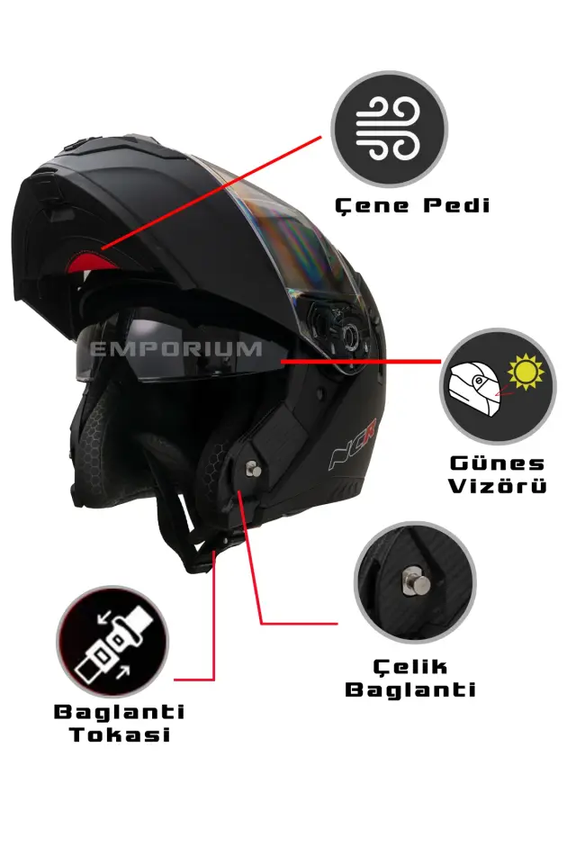 Vega Çene Açılır Güneş Vizörlü Kask  (ECE-06) Parlak Siyah