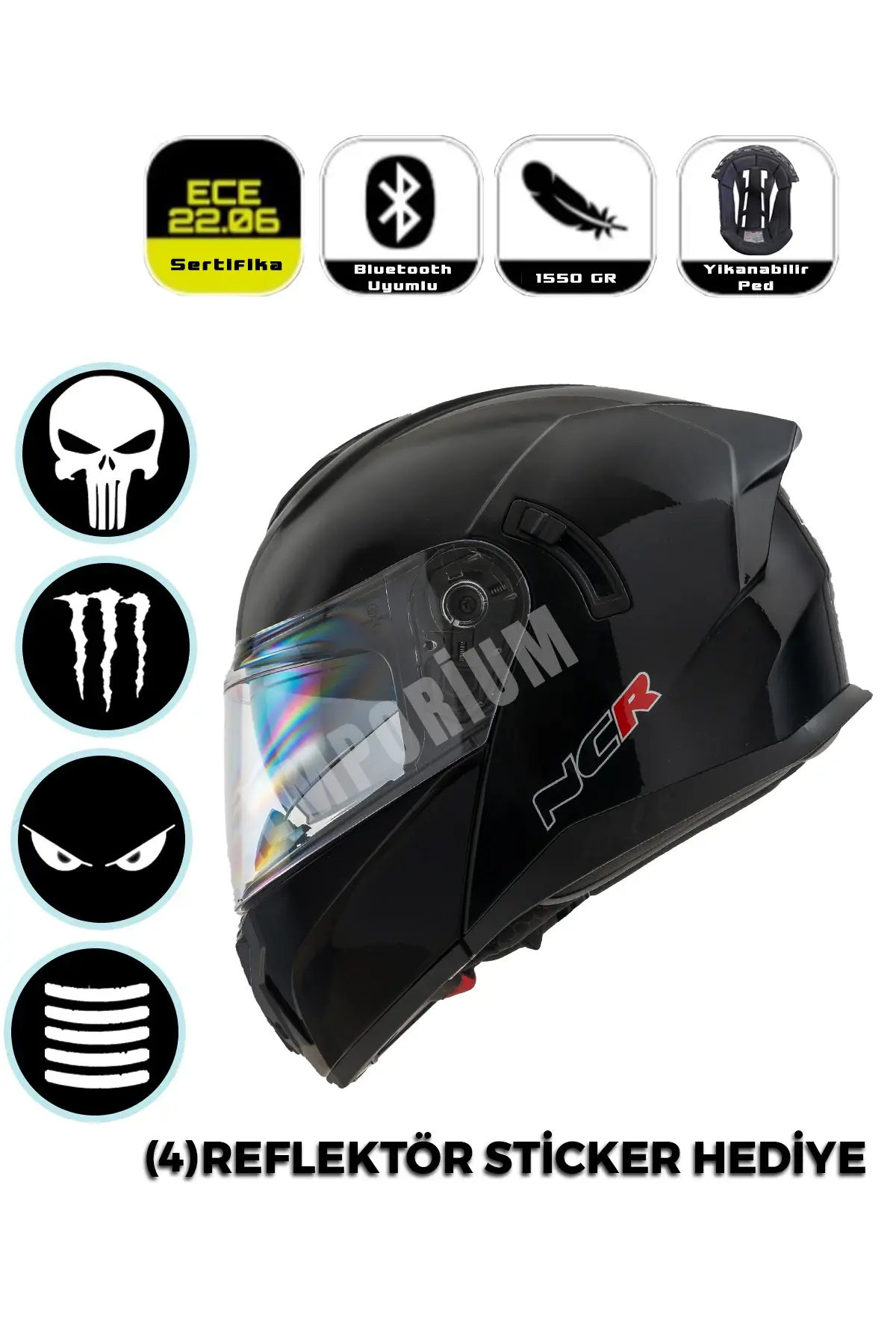 Vega Çene Açılır Güneş Vizörlü Kask  (ECE-06) Parlak Siyah