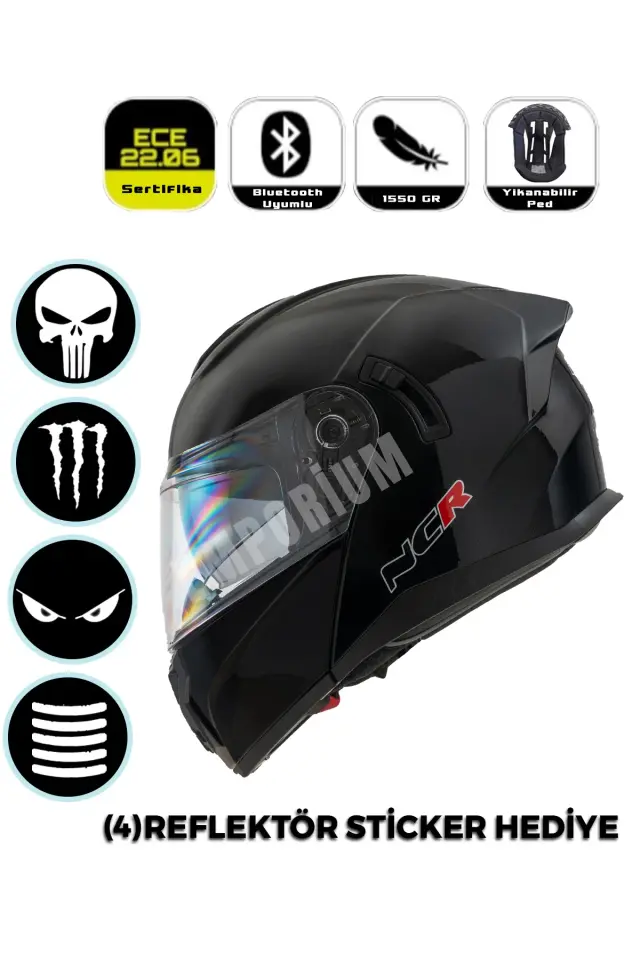 Vega Çene Açılır Güneş Vizörlü Kask  (ECE-06) Parlak Siyah