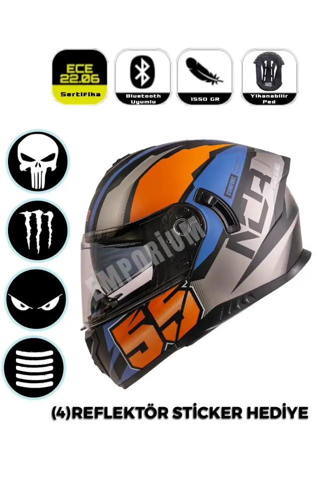 Vega Çene Açılır Güneş Vizörlü Kask  (ECE-06) Turuncu Mavi