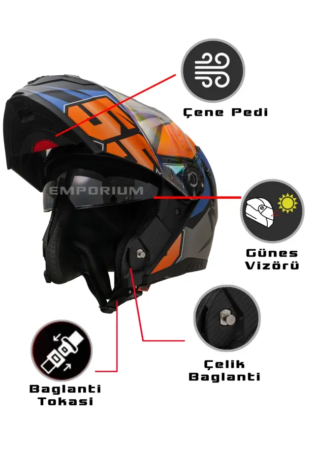 Vega Çene Açılır Güneş Vizörlü Kask  (ECE-06) Turuncu Mavi