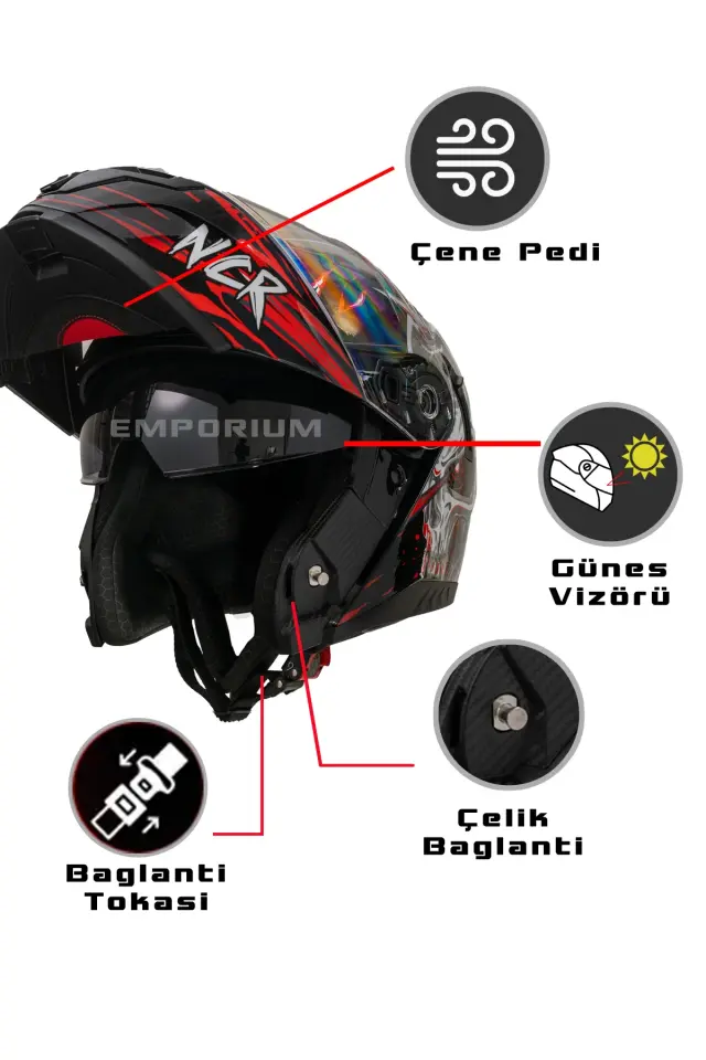 Vega Çene Açılır Güneş Vizörlü Kask  (ECE-06) Uzaylı Kırmızı