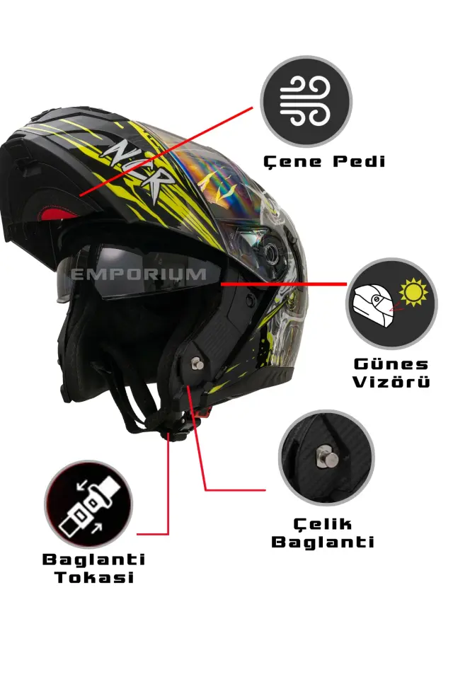 Vega Çene Açılır Güneş Vizörlü Kask  (ECE-06) Uzaylı Sarı