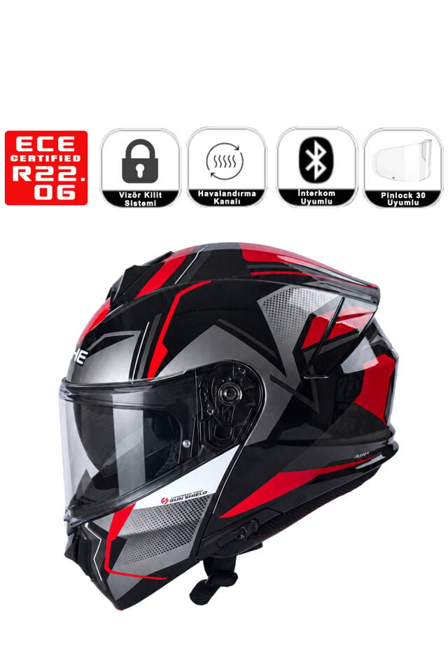 Yohe 935 Siyah Gri Kırmızı Çene Açılır Kask