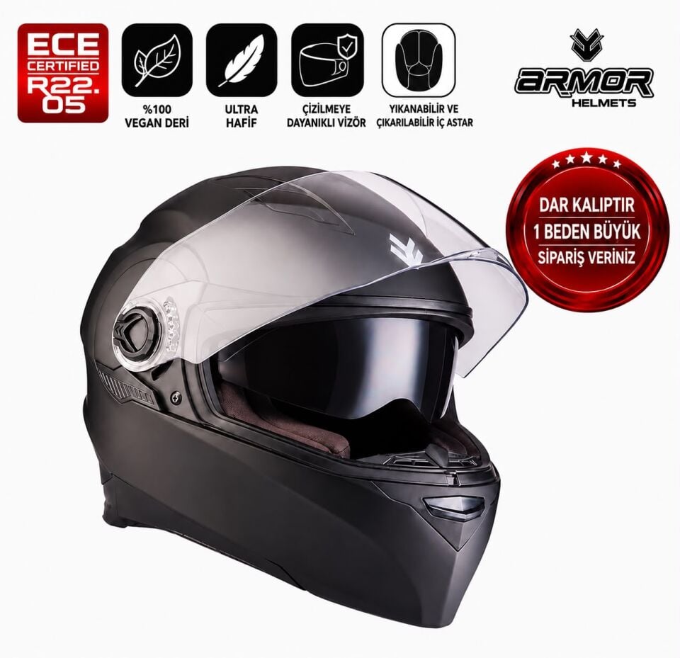 ARMOR HELMETS AF-77 Full Face Mat Siyah Motosiklet Kaskı