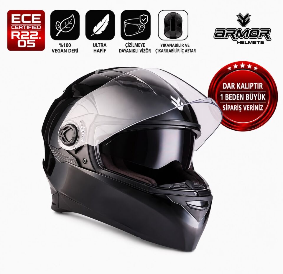 ARMOR HELMETS AF-77 Full Face Parlak Siyah Motosiklet Kaskı