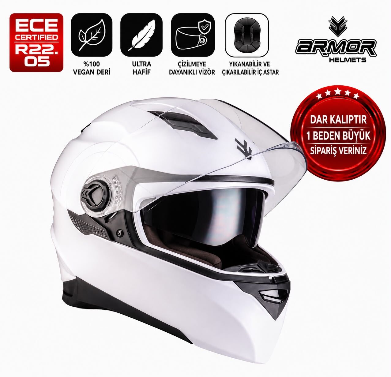 ARMOR HELMETS AF-77 Full Face Parlak Beyaz Kask
