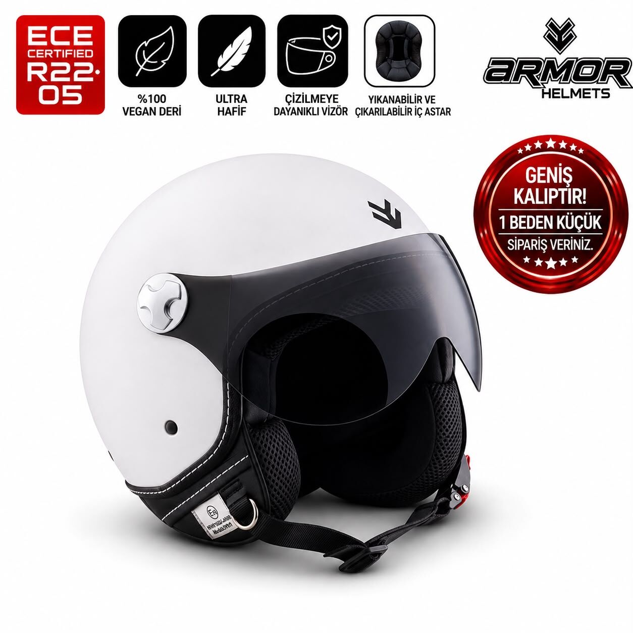 ARMOR HELMETS AV-84 Mat Beyaz Çenesiz Motosiklet Kaskı