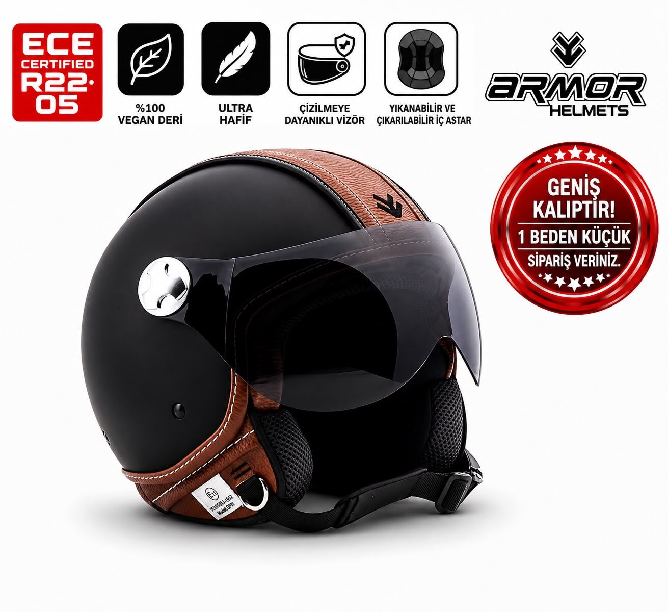 ARMOR HELMETS AV-84 Vintage Deluxe Çenesiz Motosiklet Kaskı