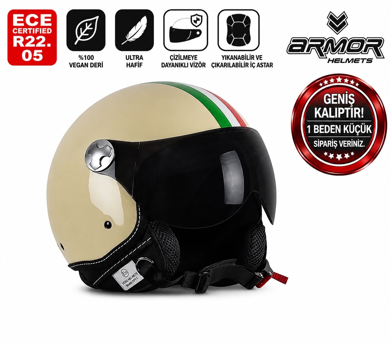 ARMOR HELMETS AV-84 İtaly Cream Çenesiz Motosiklet Kaskı