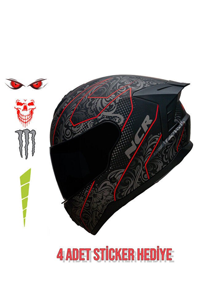Rapid Siyah Camlı Kapalı Kask (Ece Belgeli) SV Kırmızı Desenli - 2XL