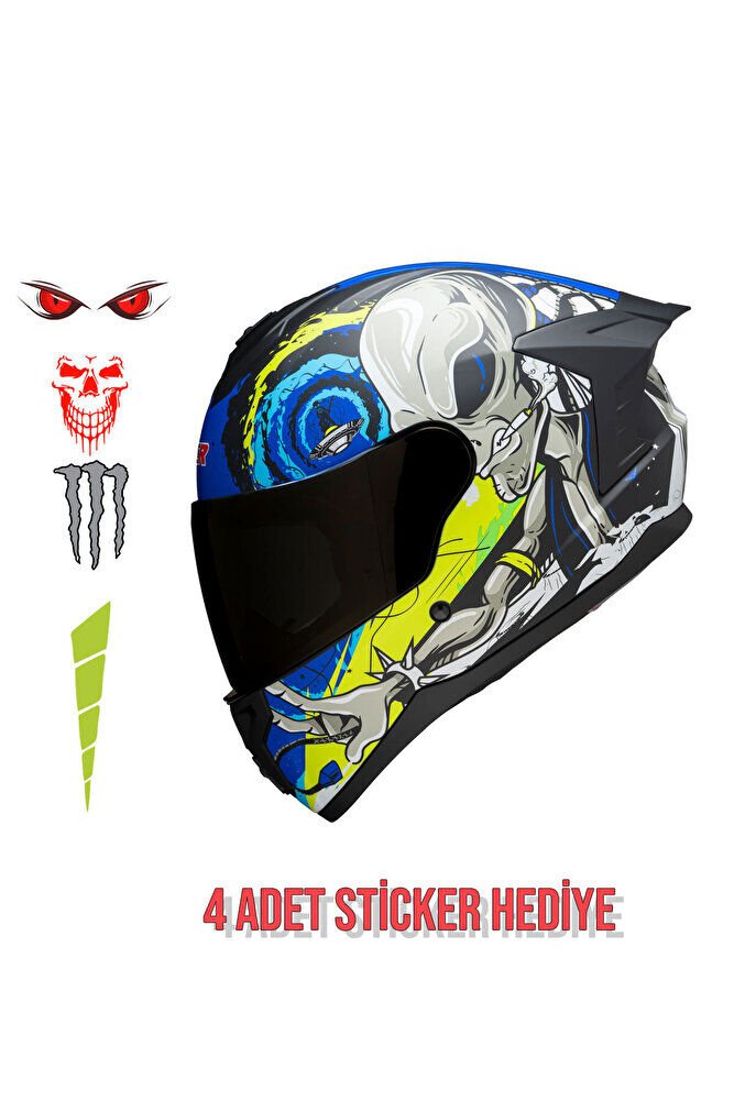 Rapid Siyah Camlı Kapalı Kask (Ece Belgeli) Mavi Siyah Vizör - 2XL