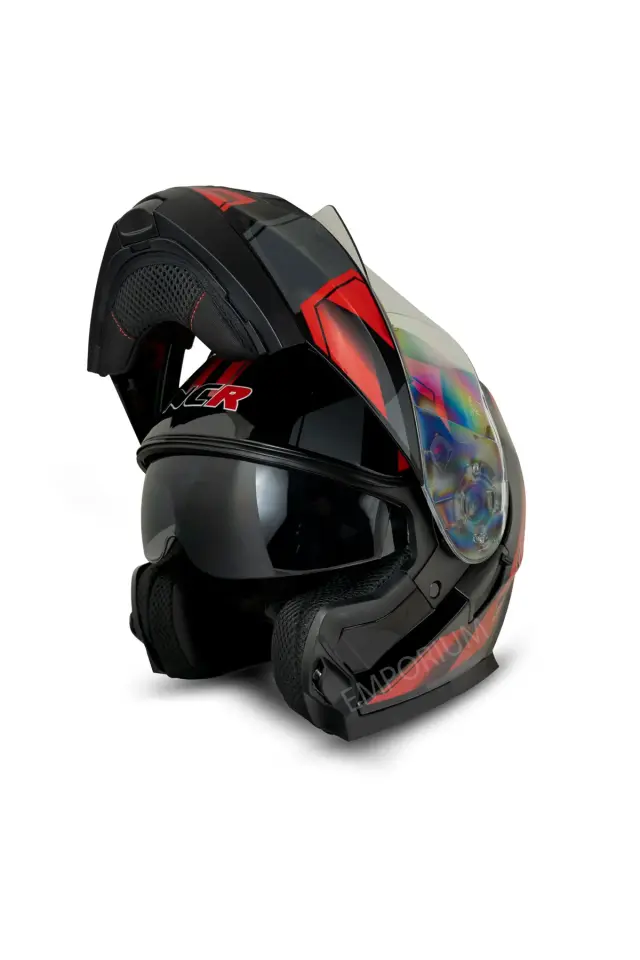 NCR Icon Çene Açılır Kırmızı-Siyah Motosiklet Kaskı