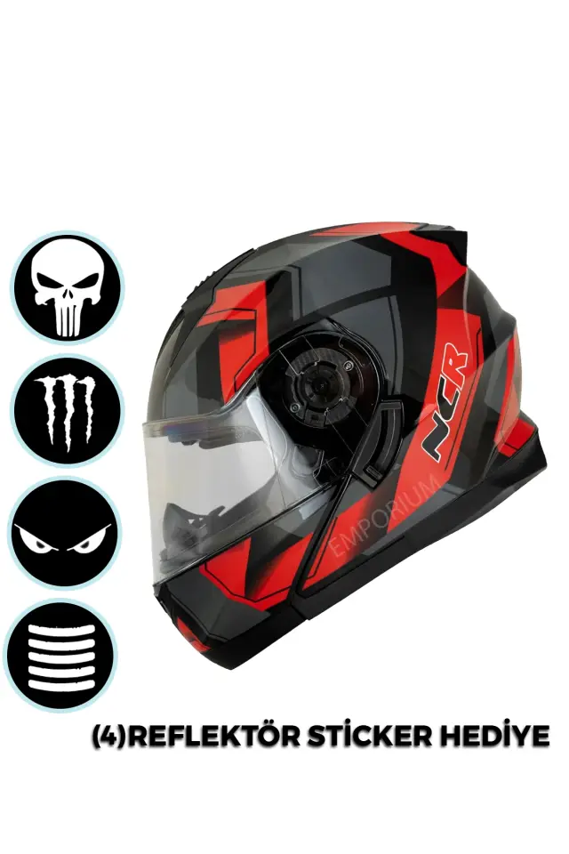 NCR Icon Çene Açılır Kırmızı-Siyah Motosiklet Kaskı