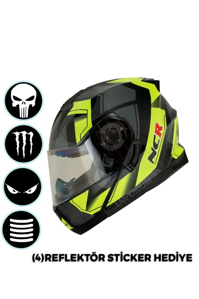 NCR Icon Çene Açılır Neon Sarı Grafik Motosiklet Kaskı