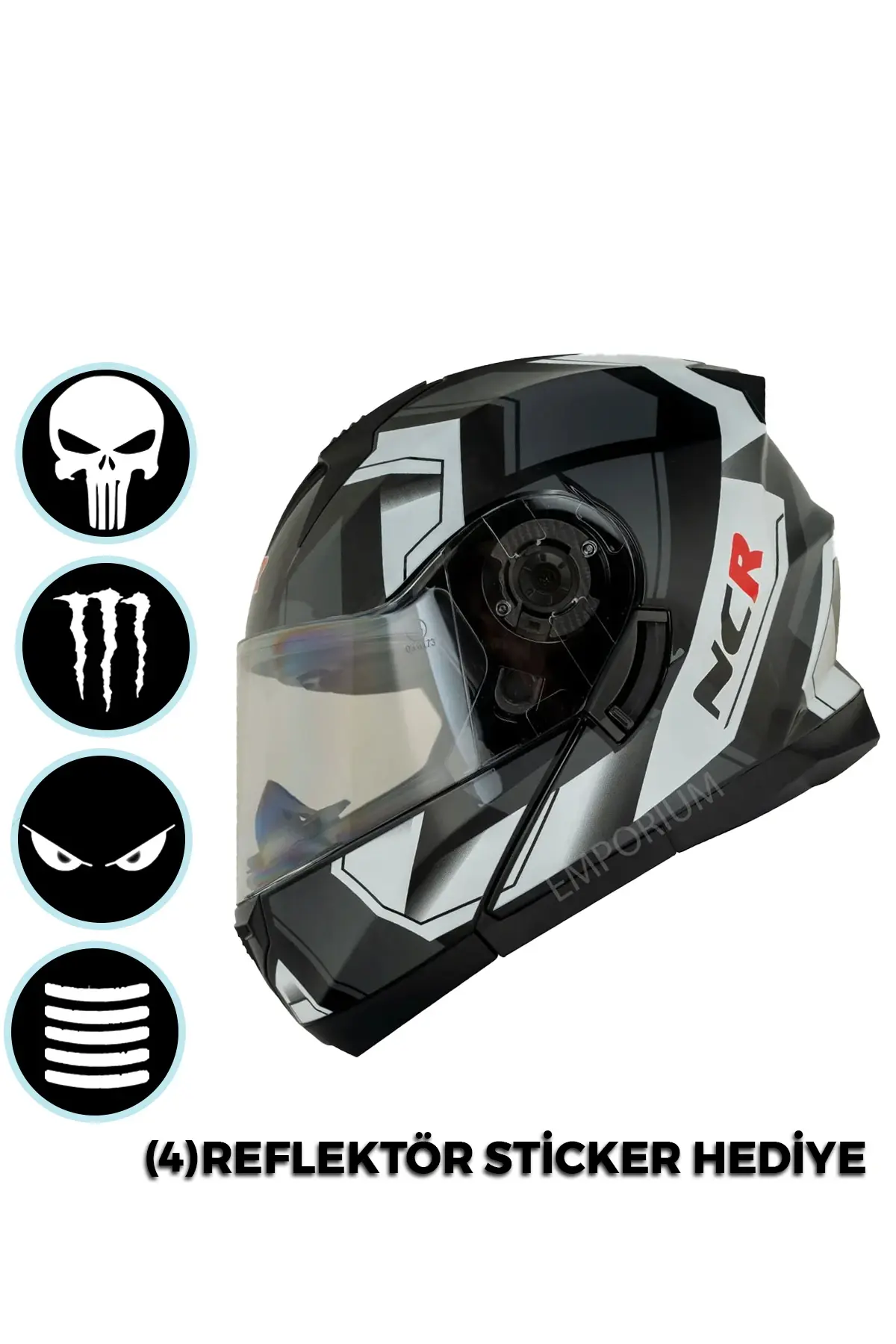 NCR Icon Çene Açılır Parlak Beyaz Grafik Motosiklet Kaskı