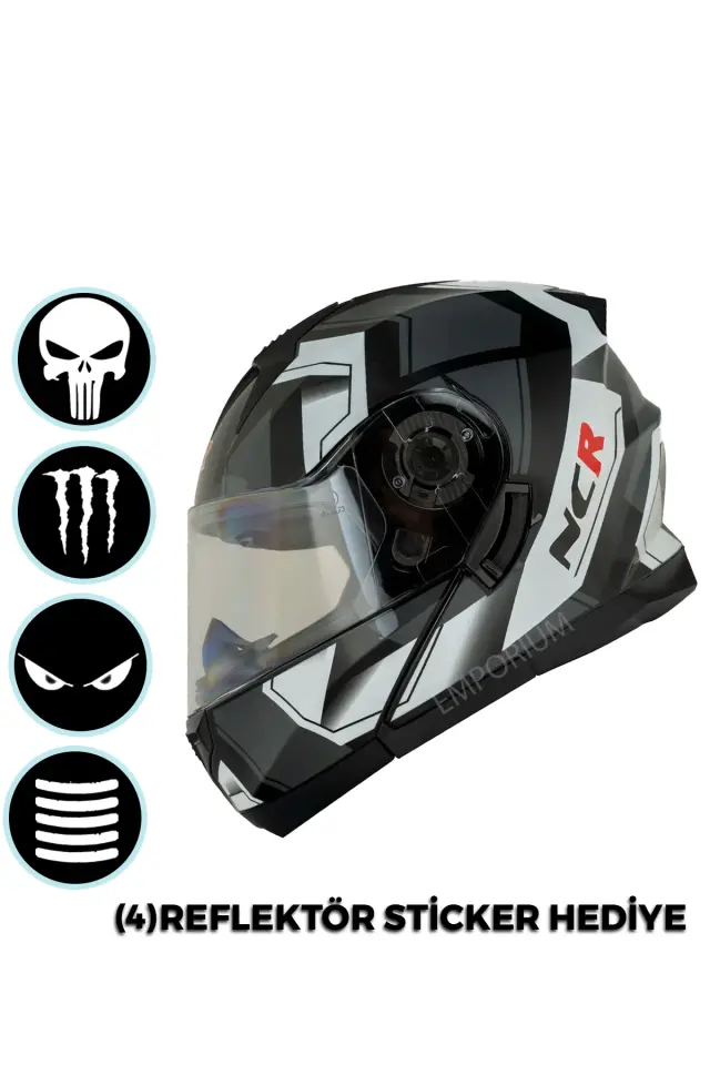 NCR Icon Çene Açılır Parlak Beyaz Grafik Motosiklet Kaskı