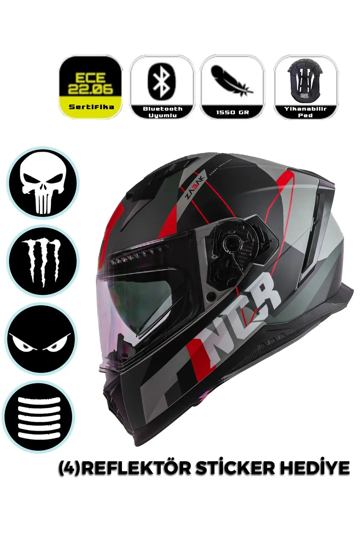 Ncr Stream Kapalı Kask Siyah Vizörlü (ECE-06)  Kırmızı Gri