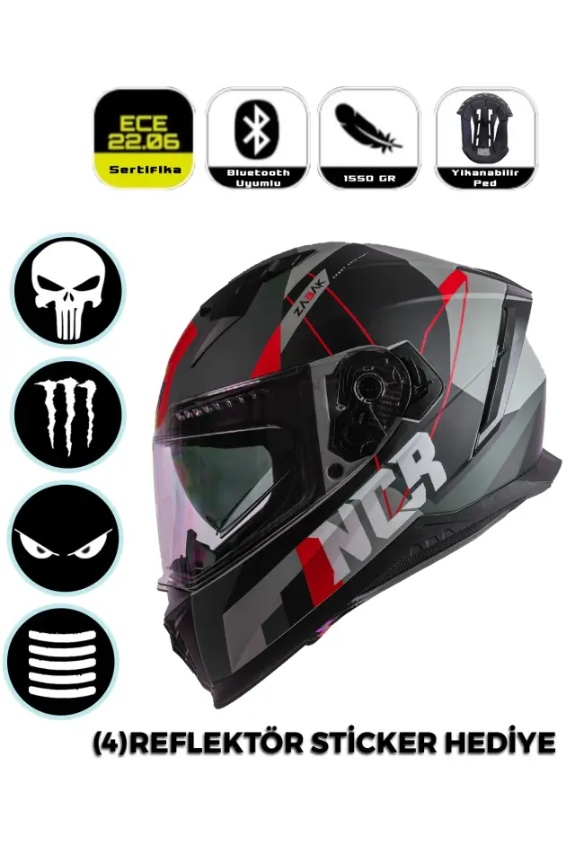 Ncr Stream Kapalı Kask Siyah Vizörlü (ECE-06)  Kırmızı Gri