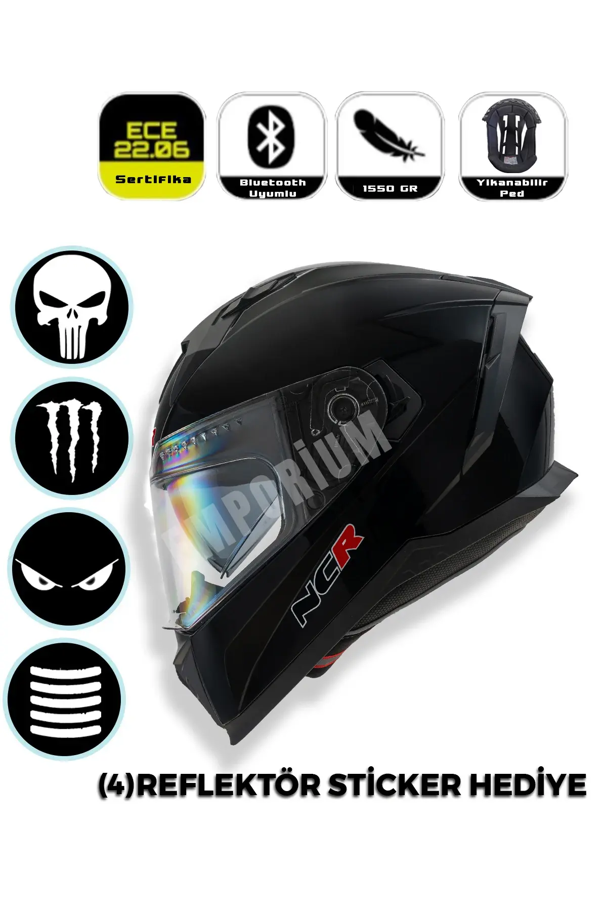 Ncr Stream Kapalı Kask Siyah Vizörlü (ECE-06) Parlak Siyah