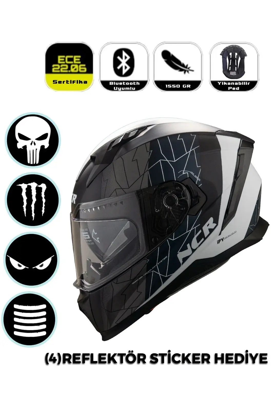 Ncr Stream Kapalı Kask Siyah Vizörlü (ECE-06)  Siyah Beyaz