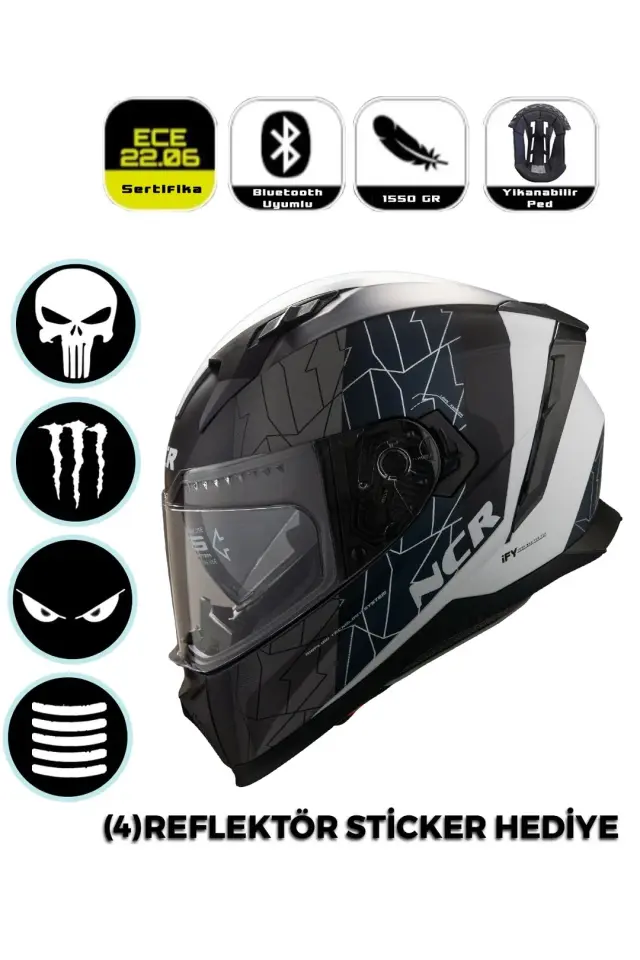 Ncr Stream Kapalı Kask Siyah Vizörlü (ECE-06)  Siyah Beyaz