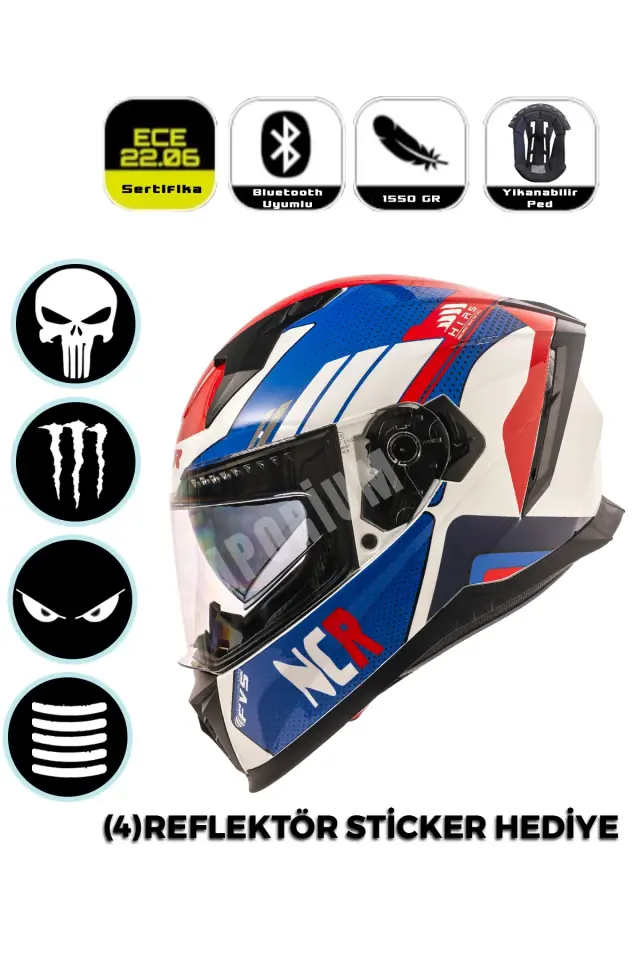 Ncr Stream Kapalı Kask Siyah Vizörlü (ECE-06) Kırmızı Mavi