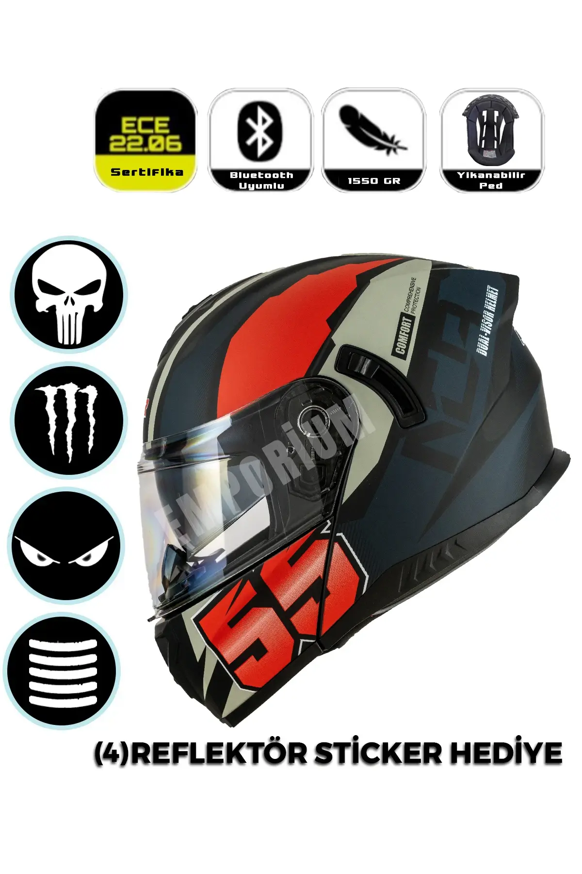 Vega Çene Açılır Güneş Vizörlü Kask  (ECE-06) Kırmızı Siyah