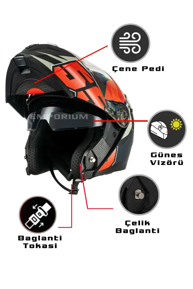 Vega Çene Açılır Güneş Vizörlü Kask  (ECE-06) Kırmızı Siyah