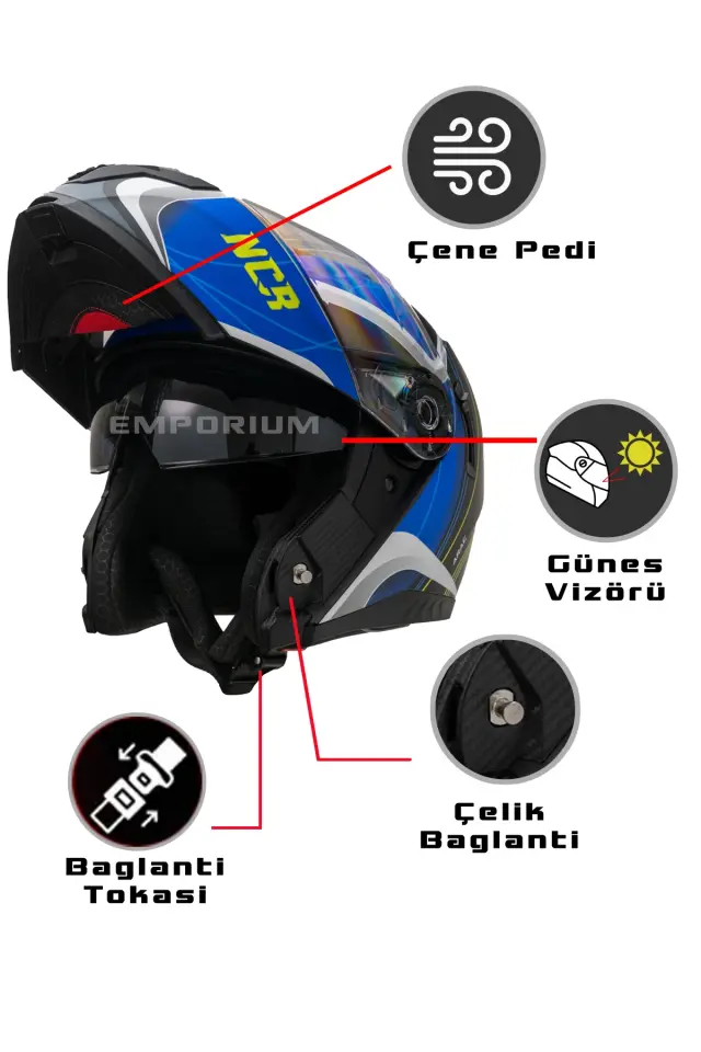 Vega Çene Açılır Güneş Vizörlü Kask  (ECE-06) Mavi
